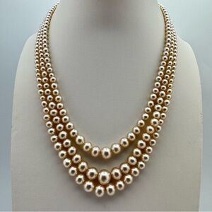 Vintage Japan 3-Strand Faux Pearl Necklace Rhinestone Box Clasp